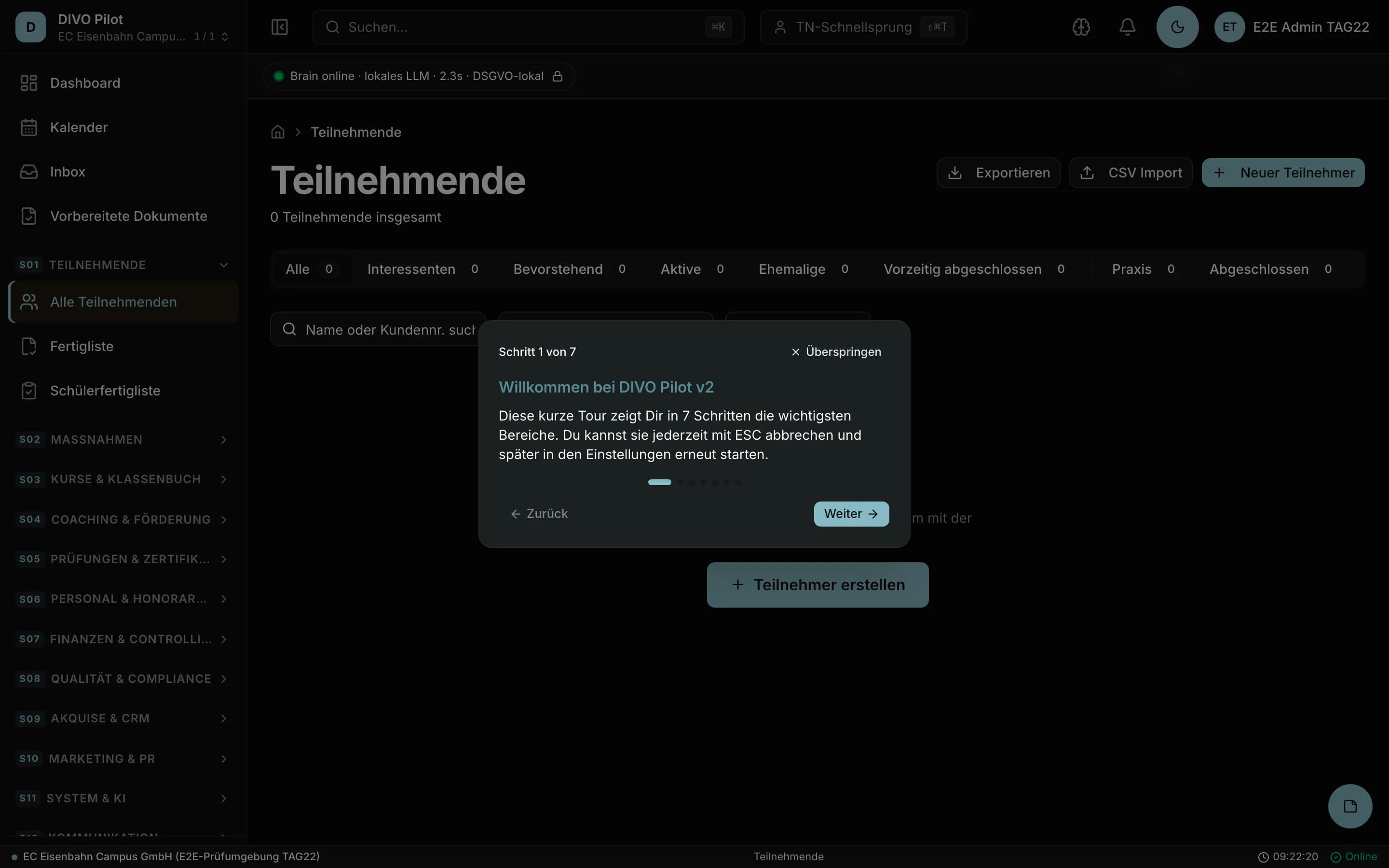 Teilnehmenden-Übersicht von DIVO Pilot in der Demo-Ansicht: Filterleiste und leere Tabelle ohne Personendaten